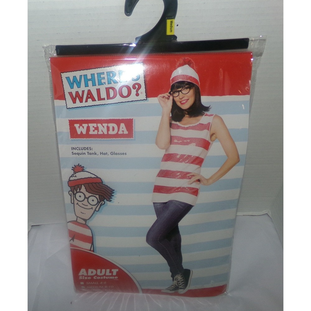 Wheres Waldo Wenda Adult Costume Sequin Tank Hat Glasses Medium 8-10 Spirit